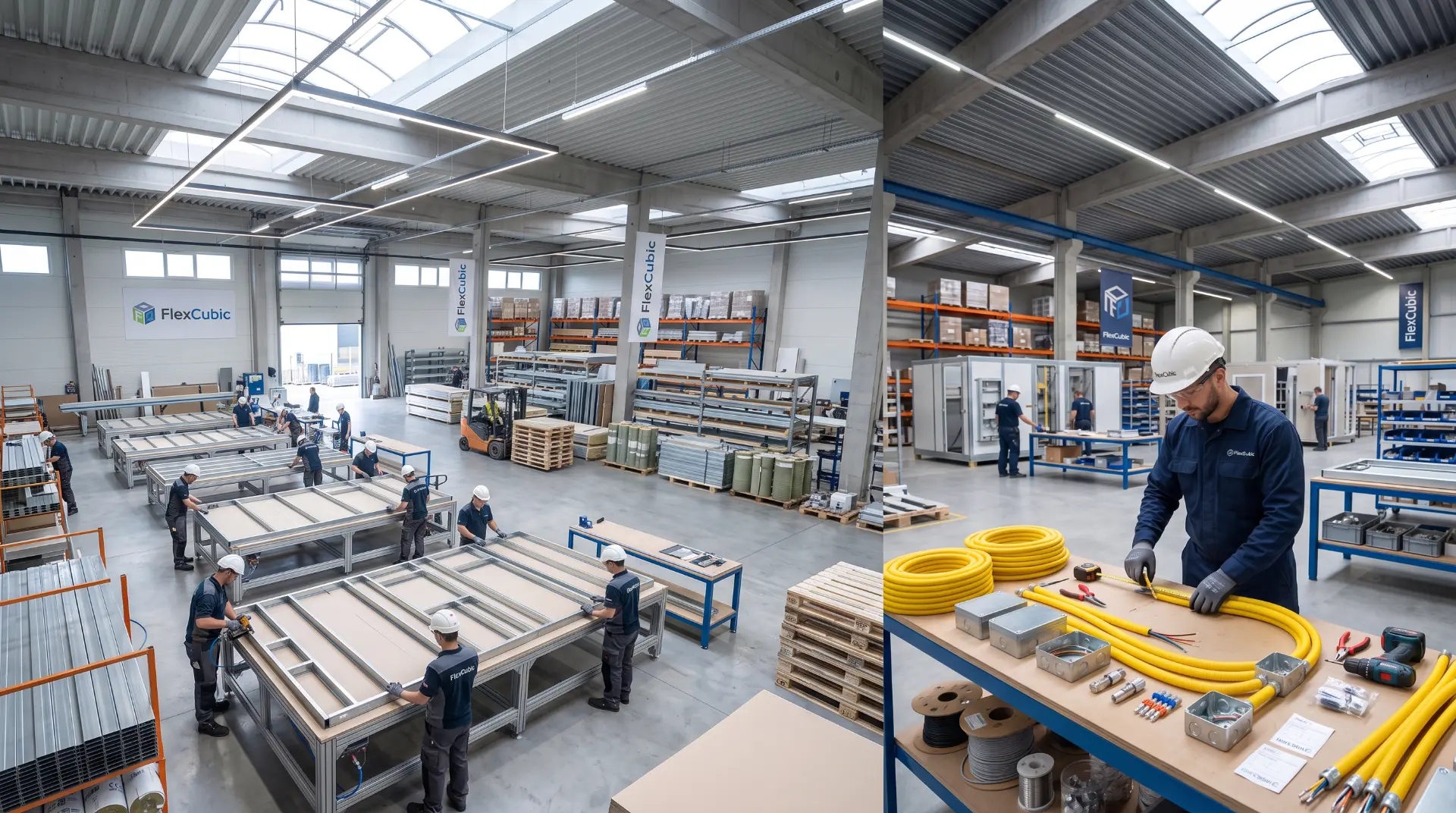Interior de galpão industrial com bancadas de trabalho e componentes de fechamento